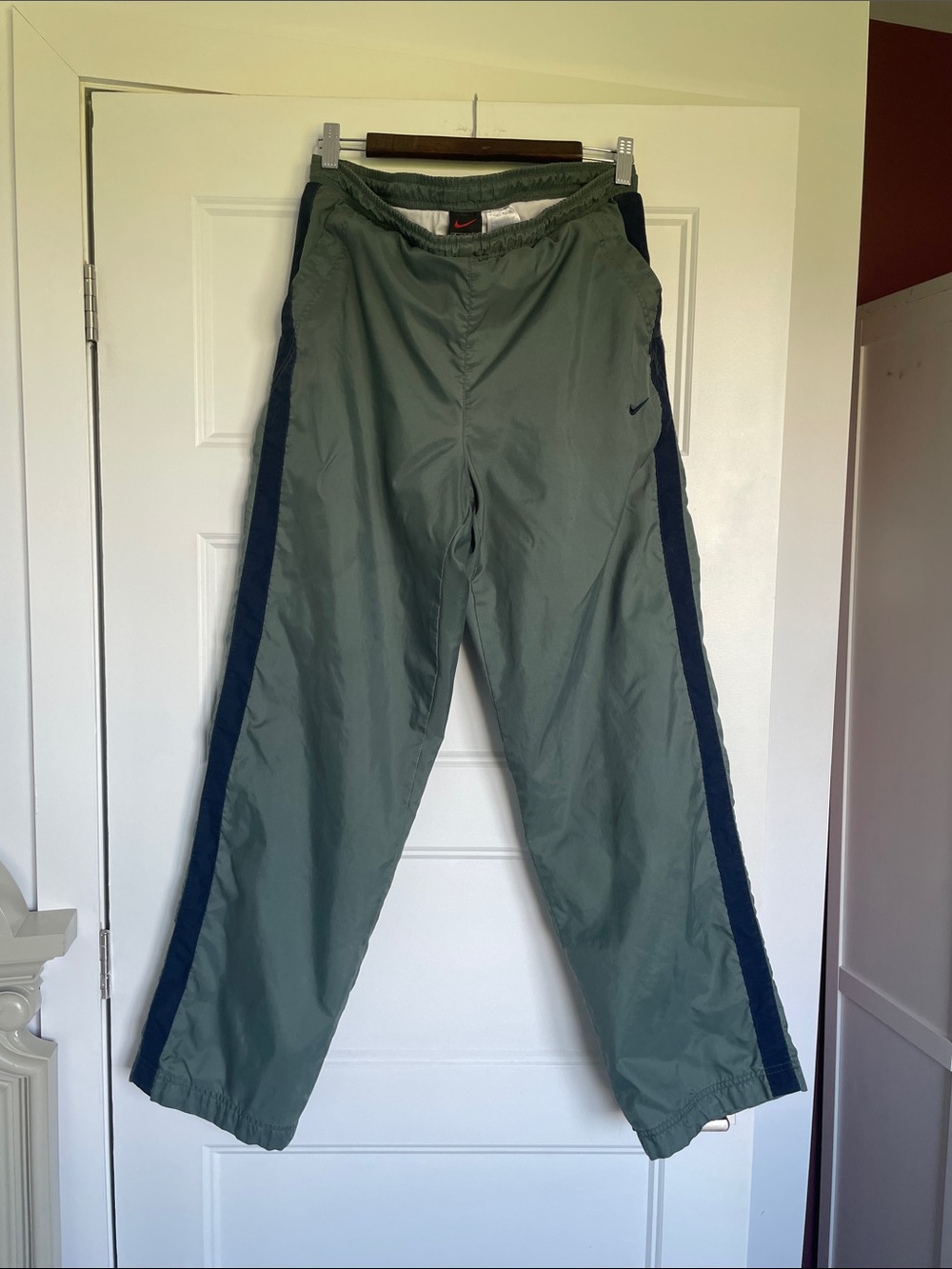 Nike Sage Green Track Pants with Navy Side Stripes